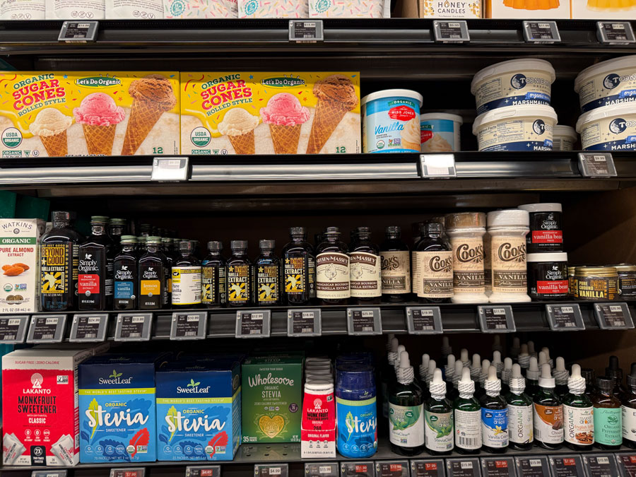 Organic ice cream cones, vanilla extracts, and alternative sweeteners at Erewhon.