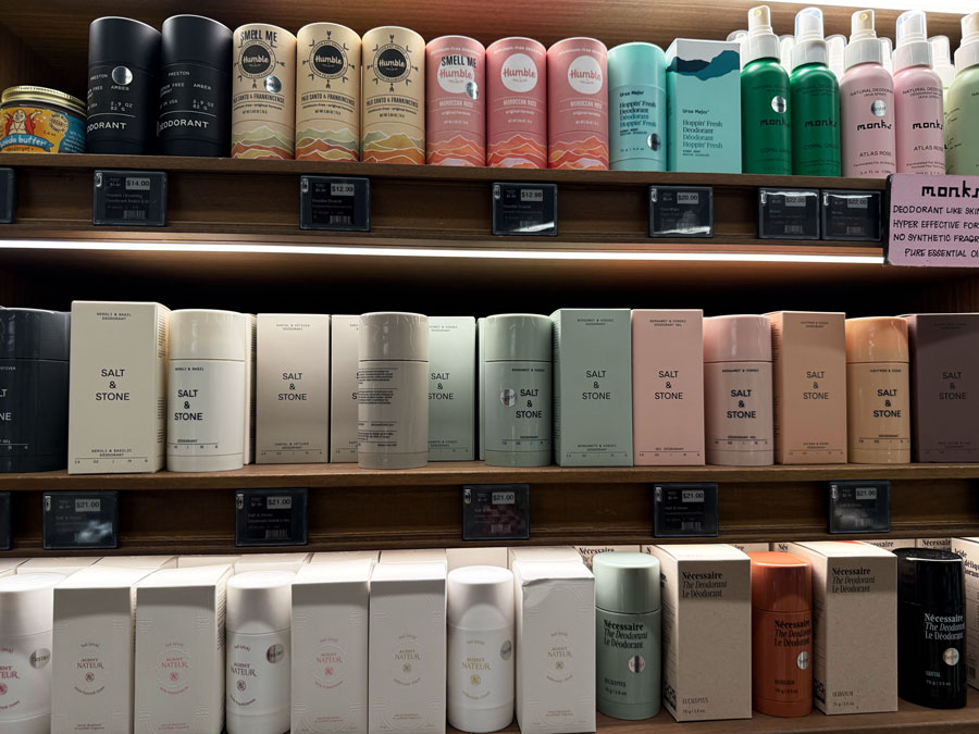 Natural deodorants from Humble, Salt & Stone, and other personal-care brands.