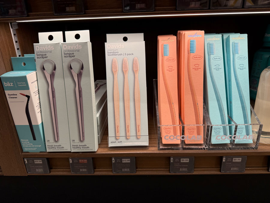 Davids tongue scrapers, bamboo toothbrushes, and Cocofloss toothbrushes.