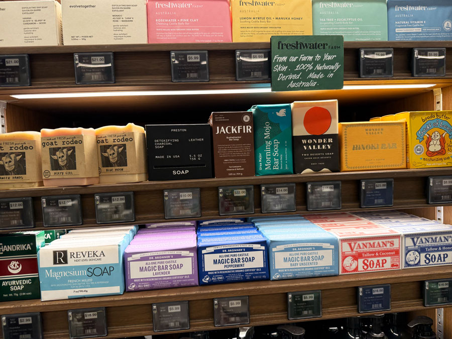 Natural bar soaps from Freshwater Farm, Dr. Bronner's, and other brands.