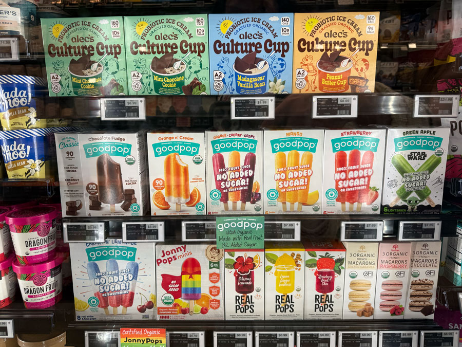 Alec's Culture Cup ice cream and GoodPop frozen fruit pops at Erewhon.