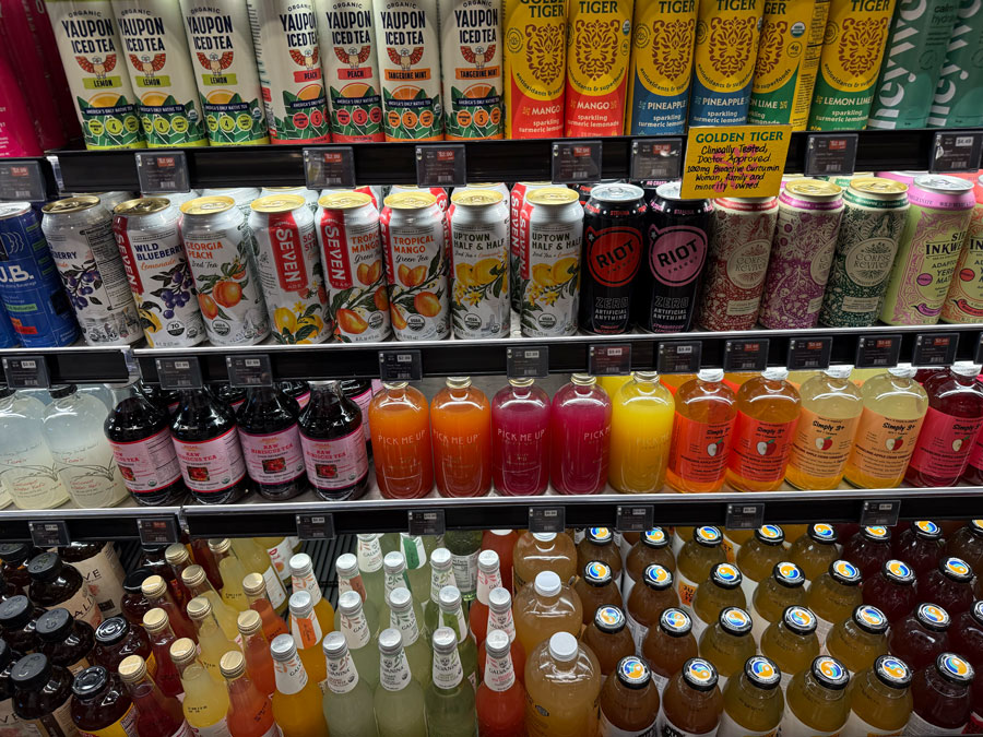 Colorful organic teas, bottled juices, and sparkling drinks at Erewhon.