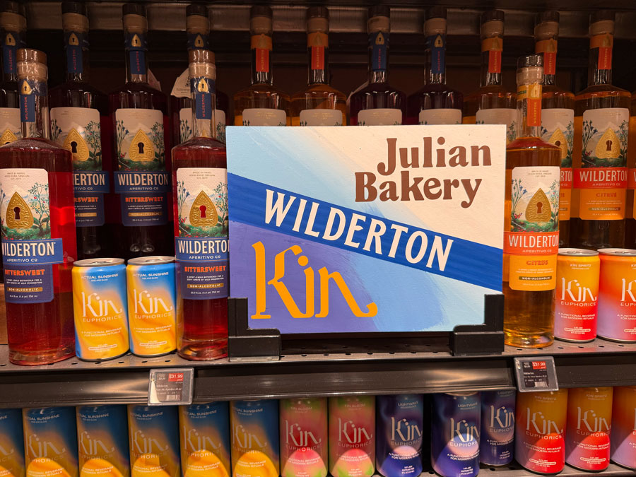 Wilderton non-alcoholic aperitifs and Kin beverages displayed at Erewhon.