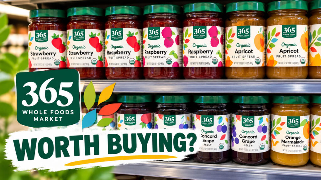 365 by Whole Foods Market organic fruit spreads in strawberry, raspberry, and apricot flavors with Worth Buying text.